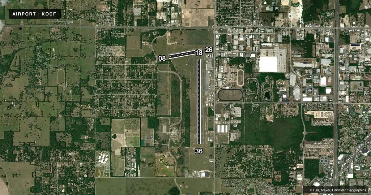 Top-down satellite sketch of KOCF OCALA INTL-JIM TAYLOR FLD in OCALA, FLORIDA, showing runways 18/36, 08/26 drawn to scale over Esri World Imagery