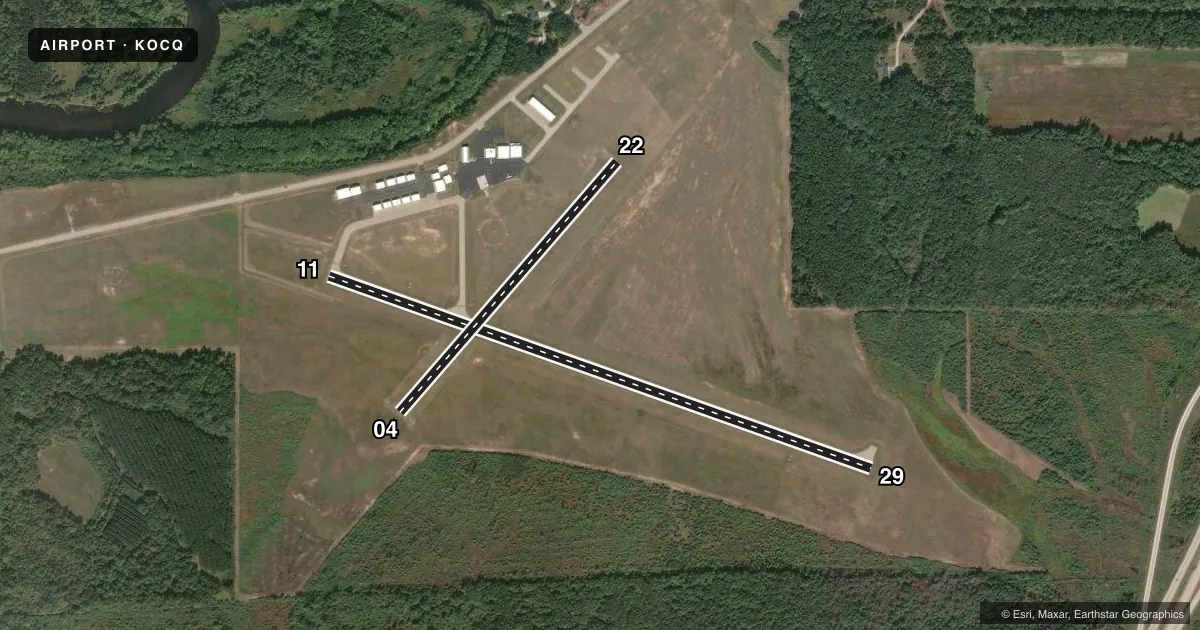 Top-down satellite sketch of KOCQ OCONTO/J DOUGLAS BAKE MUNI in OCONTO, WISCONSIN, showing runways 11/29, 04/22 drawn to scale over Esri World Imagery