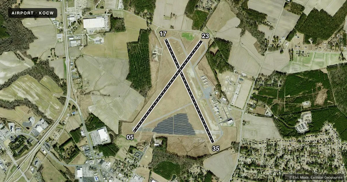 Top-down satellite sketch of KOCW WASHINGTON-WARREN in WASHINGTON, NORTH CAROLINA, showing runways 17/35, 05/23 drawn to scale over Esri World Imagery