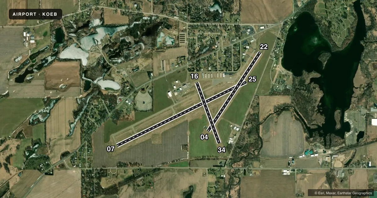 Top-down satellite sketch of KOEB BRANCH COUNTY MEML in COLDWATER, MICHIGAN, showing runways 07/25, 04/22, 16/34 drawn to scale over Esri World Imagery