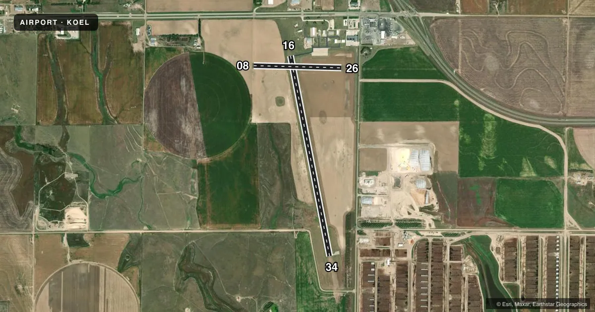 Top-down satellite sketch of KOEL OAKLEY MUNI in OAKLEY, KANSAS, showing runways 16/34, 08/26 drawn to scale over Esri World Imagery