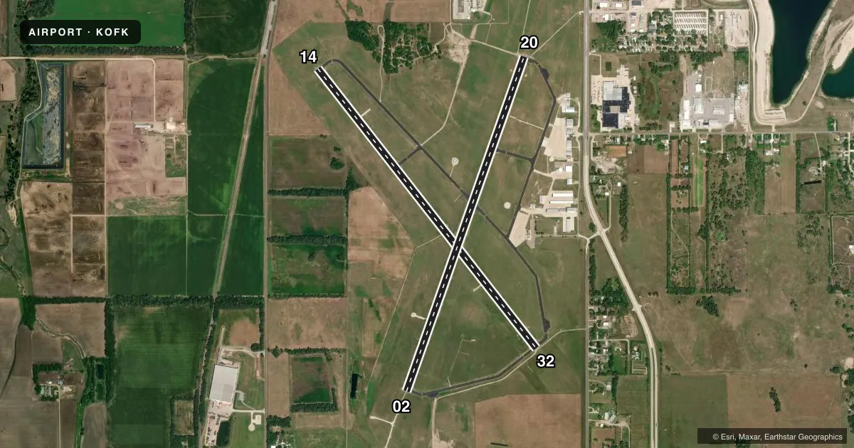 Top-down satellite sketch of KOFK NORFOLK RGNL/KARL STEFAN MEML FLD in NORFOLK, NEBRASKA, showing runways 14/32, 02/20 drawn to scale over Esri World Imagery