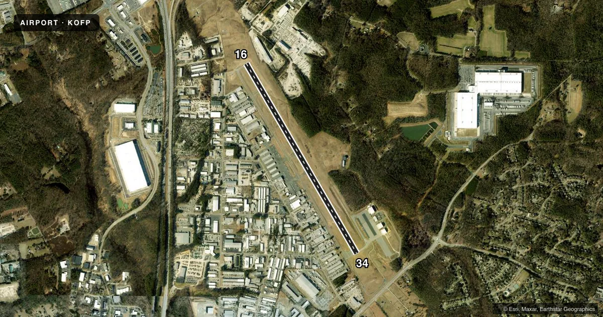 Top-down satellite sketch of KOFP HANOVER COUNTY MUNI in RICHMOND/ASHLAND, VIRGINIA, showing runways 16/34 drawn to scale over Esri World Imagery