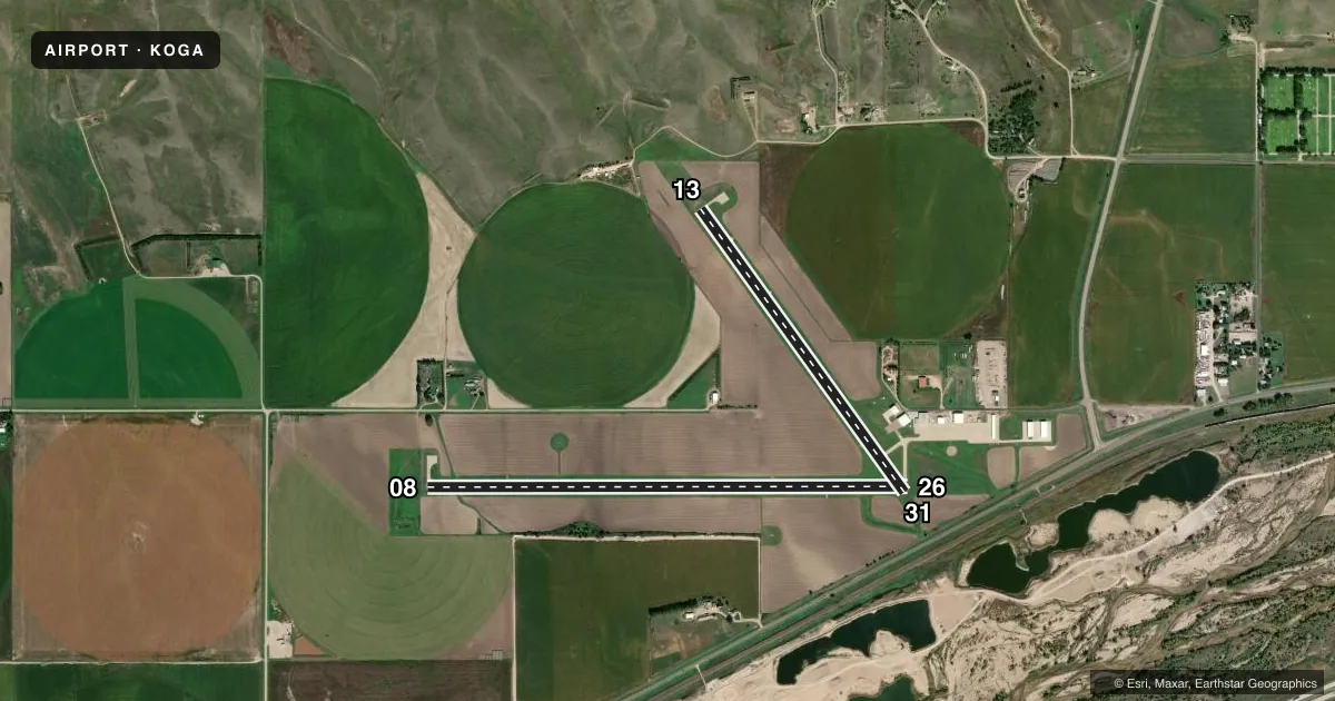 Top-down satellite sketch of KOGA SEARLE FLD in OGALLALA, NEBRASKA, showing runways 08/26, 13/31 drawn to scale over Esri World Imagery