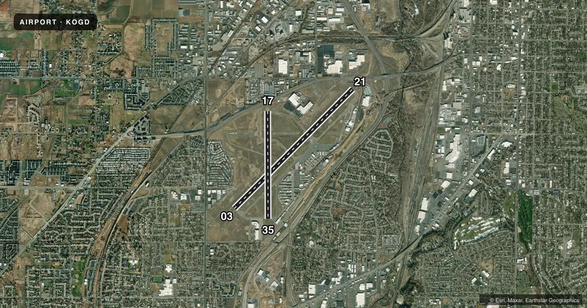 Top-down satellite sketch of KOGD OGDEN-HINCKLEY in OGDEN, UTAH, showing runways 03/21, 17/35 drawn to scale over Esri World Imagery