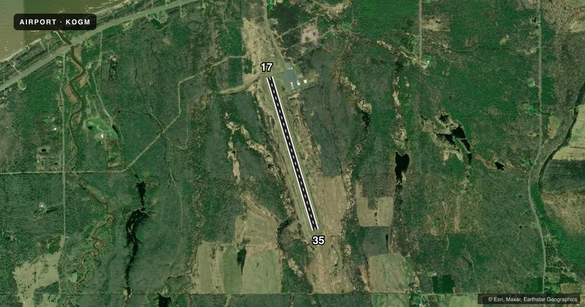Top-down satellite sketch of KOGM ONTONAGON COUNTY/SCHUSTER FLD in ONTONAGON, MICHIGAN, showing runways 17/35 drawn to scale over Esri World Imagery