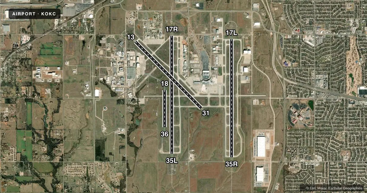 Top-down satellite sketch of KOKC OKC WILL ROGERS INTL in OKLAHOMA CITY, OKLAHOMA, showing runways 17L/35R, 17R/35L, 13/31, 18/36 drawn to scale over Esri World Imagery
