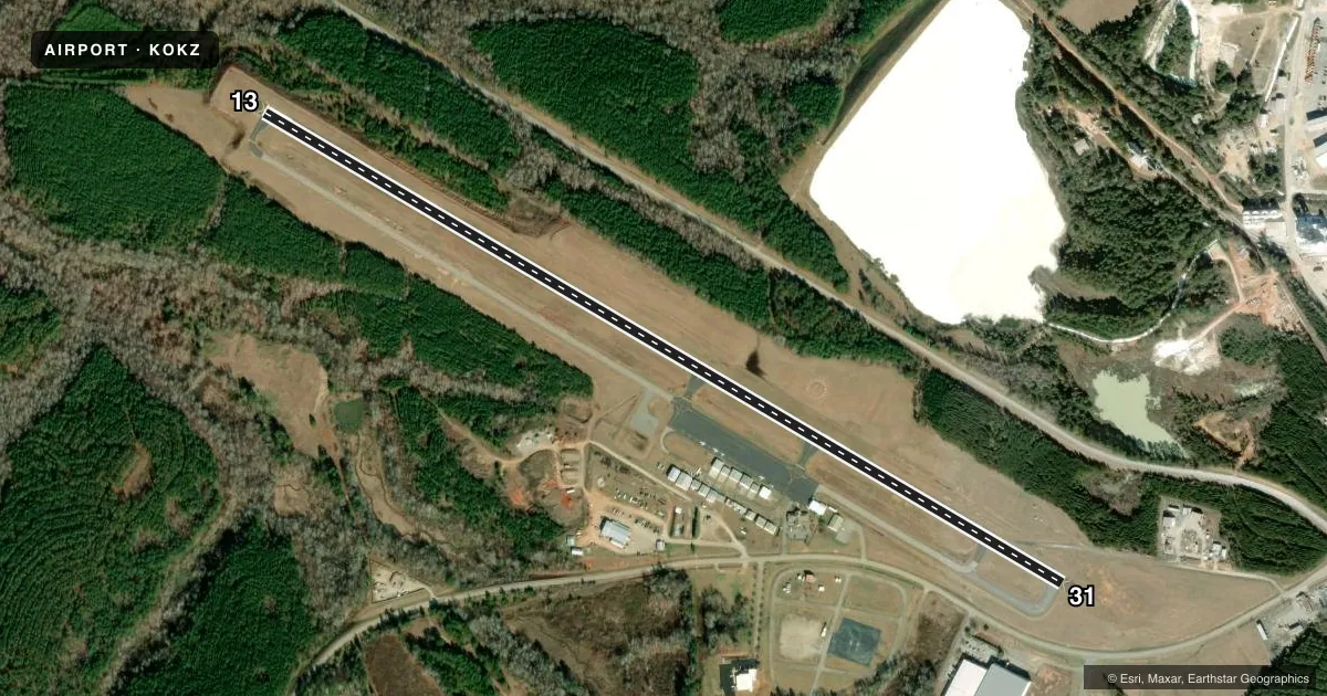 Top-down satellite sketch of KOKZ KAOLIN FLD in SANDERSVILLE, GEORGIA, showing runways 13/31 drawn to scale over Esri World Imagery