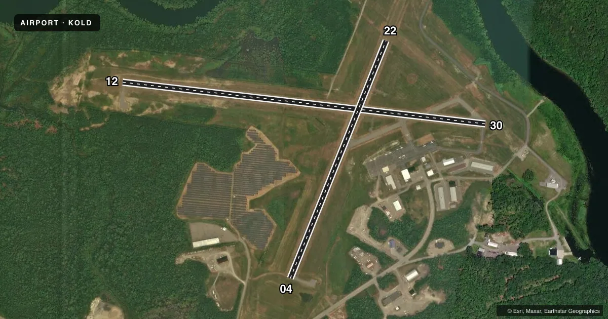 Top-down satellite sketch of KOLD DEWITT FLD/OLD TOWN MUNI in OLD TOWN, MAINE, showing runways 12/30, 04/22 drawn to scale over Esri World Imagery