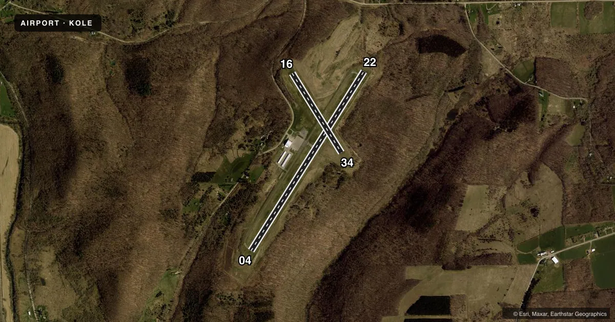 Top-down satellite sketch of KOLE CATTARAUGUS COUNTY-OLEAN in OLEAN, NEW YORK, showing runways 04/22, 16/34 drawn to scale over Esri World Imagery