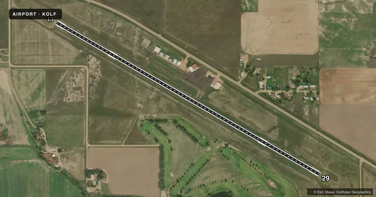Top-down satellite sketch of KOLF L M CLAYTON in WOLF POINT, MONTANA, showing runways 11/29 drawn to scale over Esri World Imagery