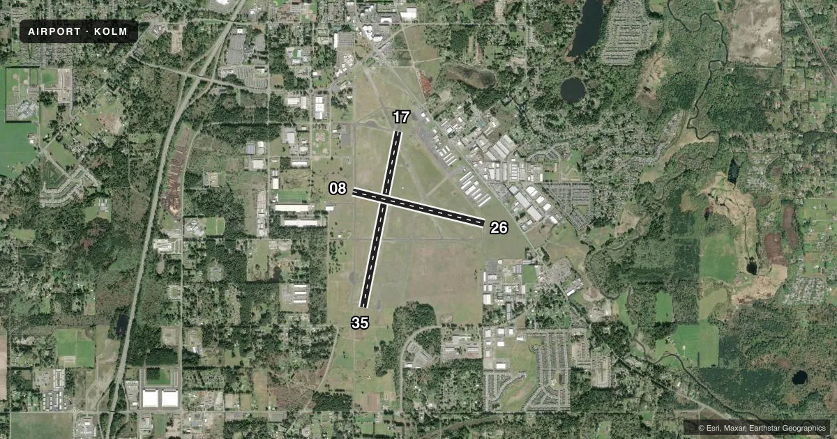 Top-down satellite sketch of KOLM OLYMPIA RGNL in OLYMPIA, WASHINGTON, showing runways 17/35, 08/26 drawn to scale over Esri World Imagery