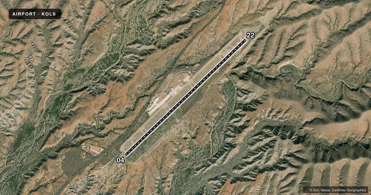 Top-down satellite sketch of KOLS NOGALES INTL in NOGALES, ARIZONA, showing runways 04/22 drawn to scale over Esri World Imagery