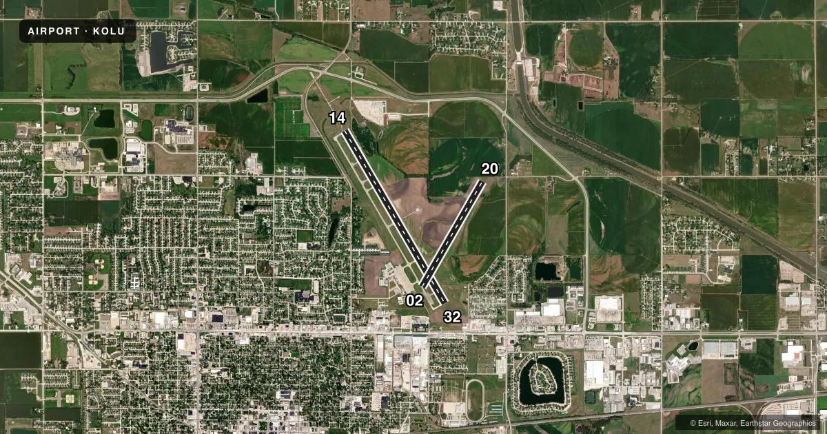 Top-down satellite sketch of KOLU COLUMBUS MUNI in COLUMBUS, NEBRASKA, showing runways 14/32, 02/20 drawn to scale over Esri World Imagery