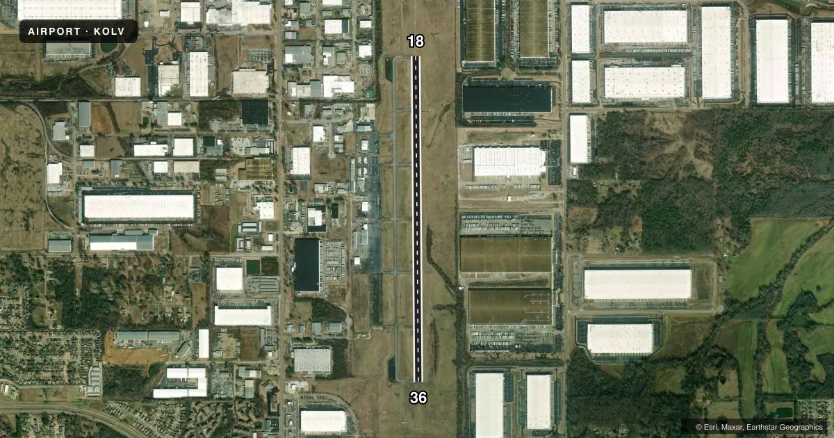 Top-down satellite sketch of KOLV OLIVE BRANCH/TAYLOR FLD in OLIVE BRANCH, MISSISSIPPI, showing runways 18/36 drawn to scale over Esri World Imagery