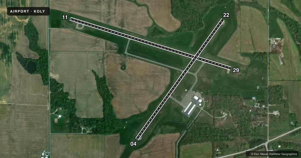 Top-down satellite sketch of KOLY OLNEY-NOBLE in OLNEY-NOBLE, ILLINOIS, showing runways 11/29, 04/22 drawn to scale over Esri World Imagery