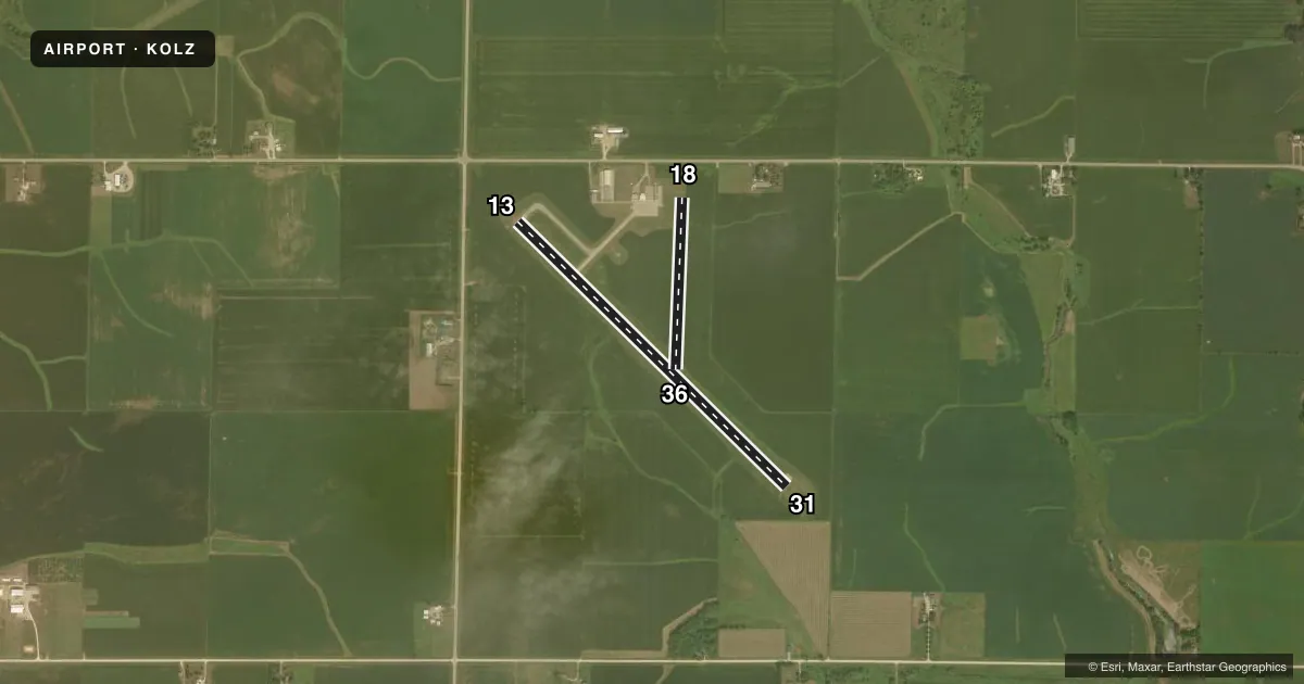 Top-down satellite sketch of KOLZ OELWEIN MUNI in OELWEIN, IOWA, showing runways 13/31, 18/36 drawn to scale over Esri World Imagery
