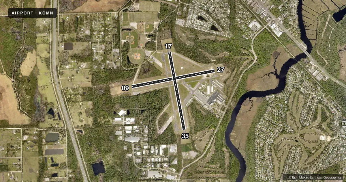 Top-down satellite sketch of KOMN ORMOND BEACH MUNI in ORMOND BEACH, FLORIDA, showing runways 09/27, 17/35 drawn to scale over Esri World Imagery