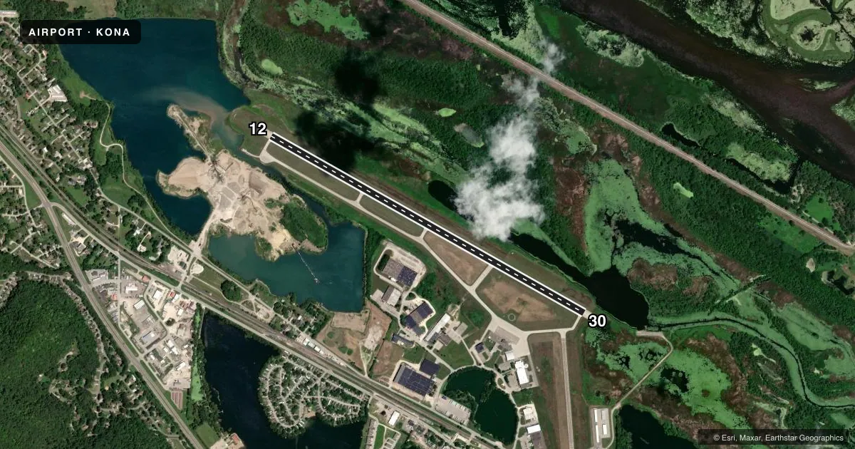 Top-down satellite sketch of KONA WINONA MUNI/MAX CONRAD FLD in WINONA, MINNESOTA, showing runways 12/30 drawn to scale over Esri World Imagery
