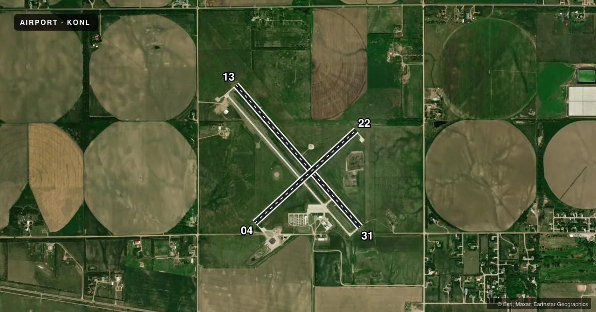 Top-down satellite sketch of KONL THE O'NEILL MUNI-JOHN L BAKER FLD in O'NEILL, NEBRASKA, showing runways 13/31, 04/22 drawn to scale over Esri World Imagery