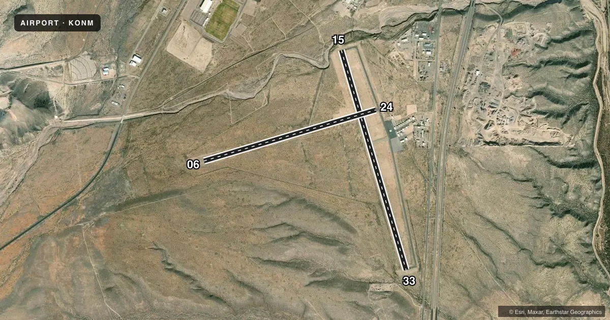 Top-down satellite sketch of KONM SOCORRO MUNI in SOCORRO, NEW MEXICO, showing runways 15/33, 06/24 drawn to scale over Esri World Imagery