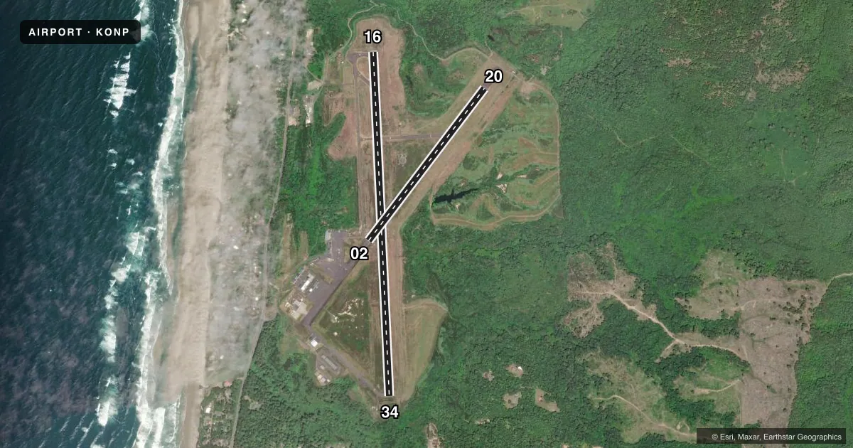 Top-down satellite sketch of KONP NEWPORT MUNI in NEWPORT, OREGON, showing runways 16/34, 02/20 drawn to scale over Esri World Imagery