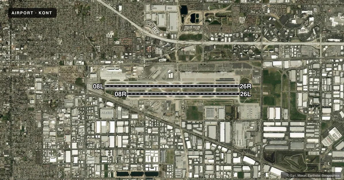 Top-down satellite sketch of KONT ONTARIO INTL in ONTARIO, CALIFORNIA, showing runways 08L/26R, 08R/26L drawn to scale over Esri World Imagery