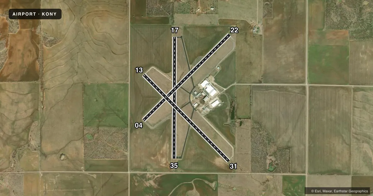 Top-down satellite sketch of KONY OLNEY MUNI in OLNEY, TEXAS, showing runways 17/35, 04/22, 13/31 drawn to scale over Esri World Imagery