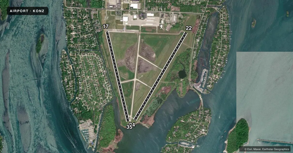 Top-down satellite sketch of KONZ GROSSE ILE MUNI in DETROIT/GROSSE ILE, MICHIGAN, showing runways 04/22, 17/35 drawn to scale over Esri World Imagery