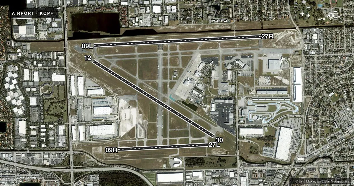 Top-down satellite sketch of KOPF MIAMI-OPA LOCKA EXEC in MIAMI, FLORIDA, showing runways 09L/27R, 12/30, 09R/27L drawn to scale over Esri World Imagery