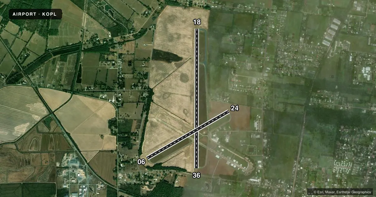 Top-down satellite sketch of KOPL ST LANDRY PARISH in OPELOUSAS, LOUISIANA, showing runways 18/36, 06/24 drawn to scale over Esri World Imagery