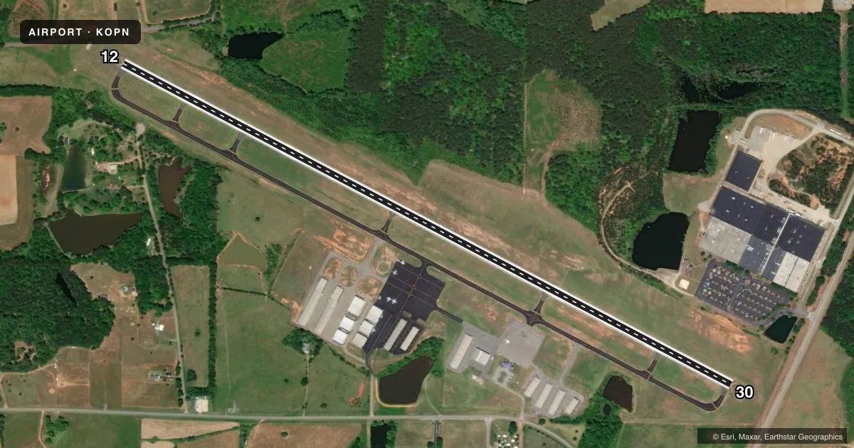 Top-down satellite sketch of KOPN THOMASTON-UPSON COUNTY in THOMASTON, GEORGIA, showing runways 12/30 drawn to scale over Esri World Imagery