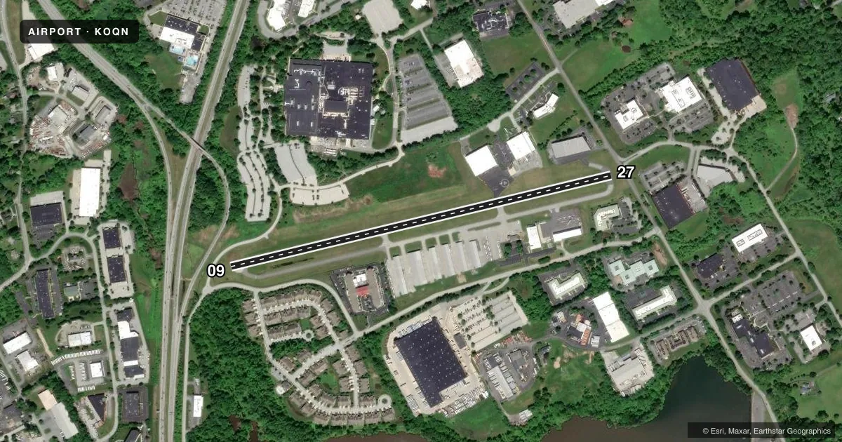 Top-down satellite sketch of KOQN BRANDYWINE RGNL in WEST CHESTER, PENNSYLVANIA, showing runways 09/27 drawn to scale over Esri World Imagery