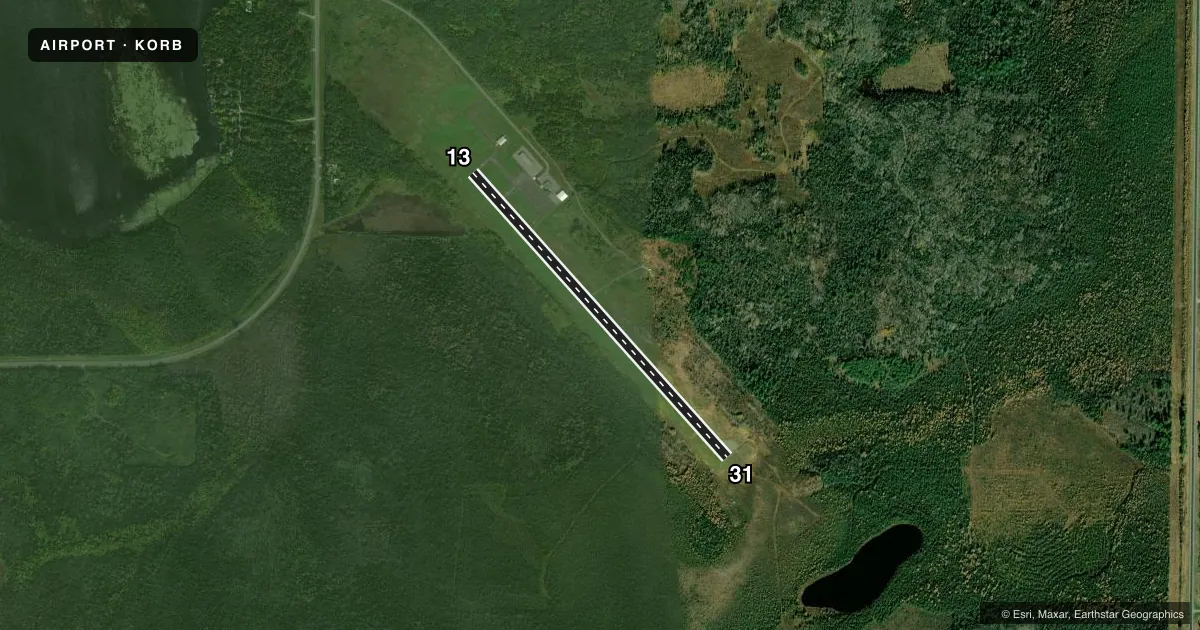 Top-down satellite sketch of KORB ORR RGNL in ORR, MINNESOTA, showing runways 13/31 drawn to scale over Esri World Imagery