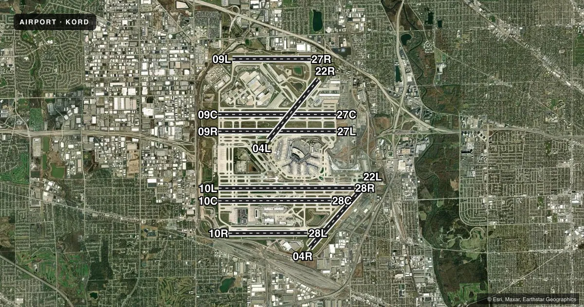 Top-down satellite sketch of KORD CHICAGO O'HARE INTL in CHICAGO, ILLINOIS, showing runways 10L/28R, 09R/27L, 09C/27C, 10C/28C, 04R/22L, 04L/22R, 10R/28L, 09L/27R drawn to scale over Esri World Imagery