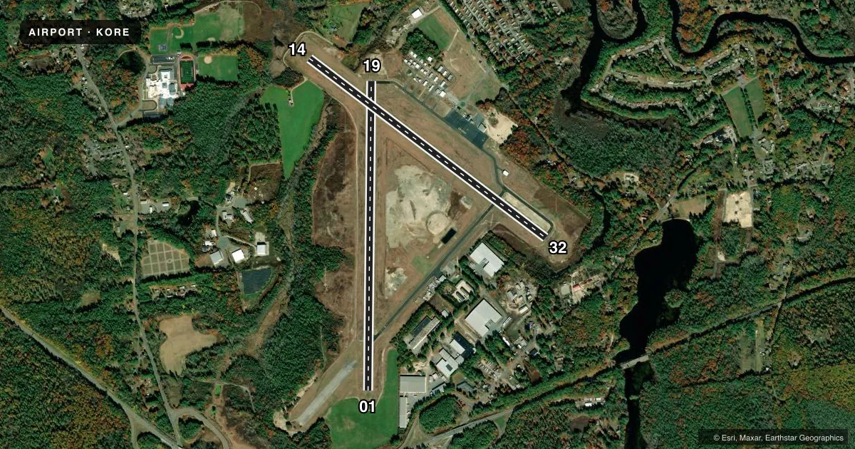 Top-down satellite sketch of KORE ORANGE MUNI in ORANGE, MASSACHUSETTS, showing runways 01/19, 14/32 drawn to scale over Esri World Imagery