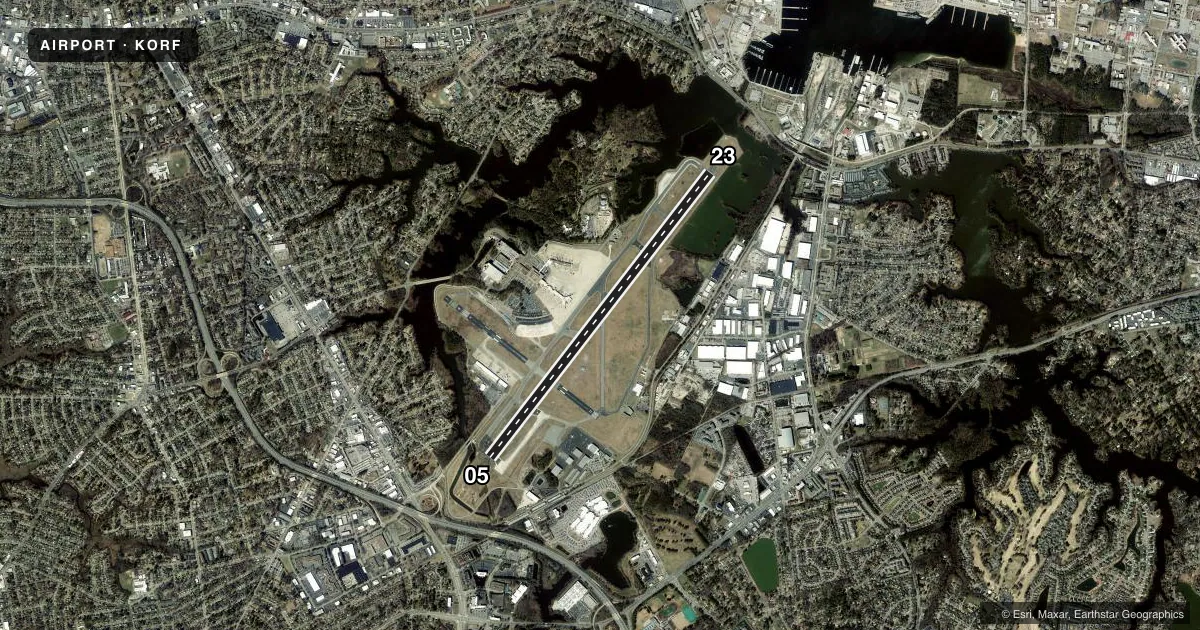 Top-down satellite sketch of KORF NORFOLK INTL in NORFOLK, VIRGINIA, showing runways 05/23 drawn to scale over Esri World Imagery