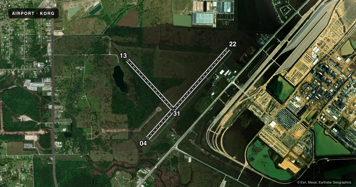 Top-down satellite sketch of KORG ORANGE COUNTY in ORANGE, TEXAS, showing runways 04/22, 13/31 drawn to scale over Esri World Imagery