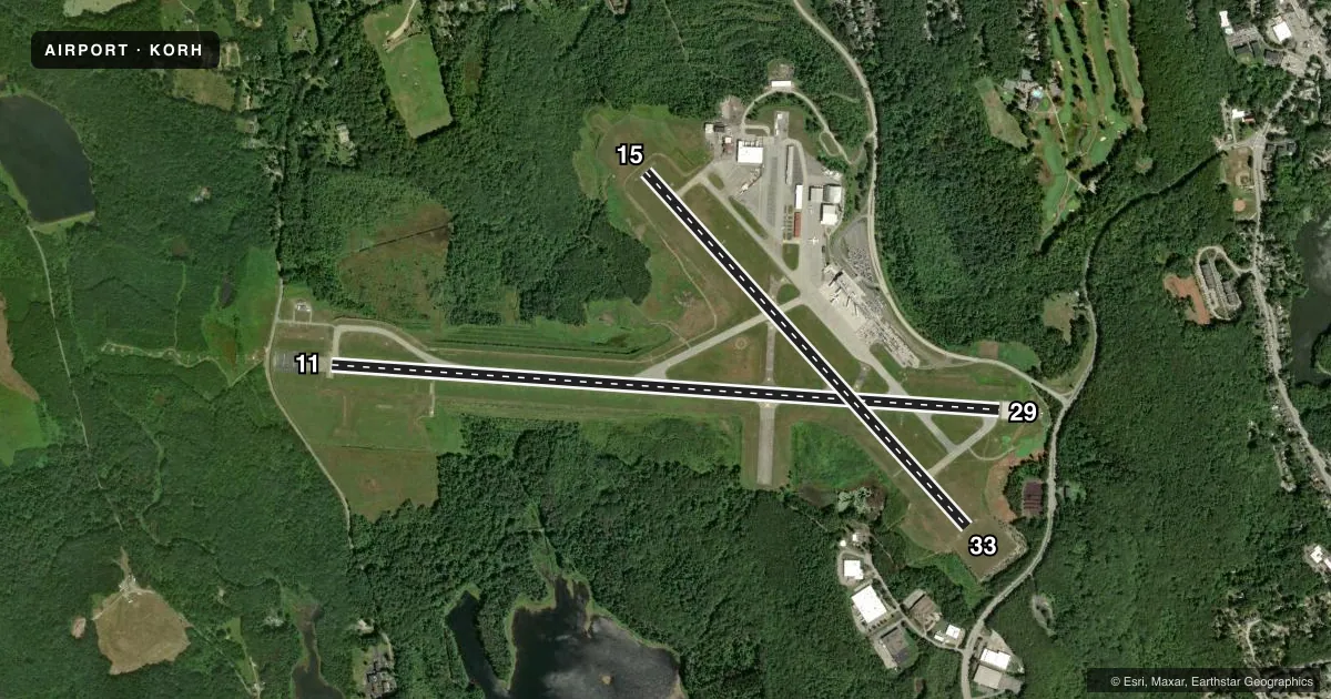 Top-down satellite sketch of KORH WORCESTER RGNL in WORCESTER, MASSACHUSETTS, showing runways 11/29, 15/33 drawn to scale over Esri World Imagery