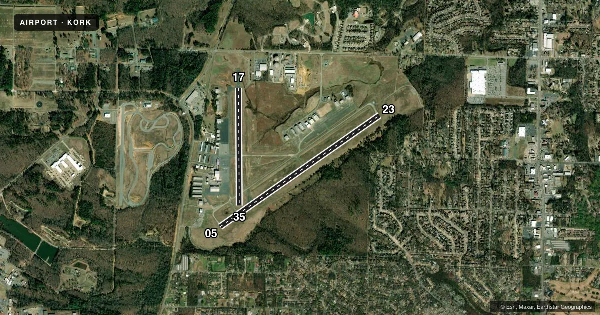 Top-down satellite sketch of KORK NORTH LITTLE ROCK MUNI in NORTH LITTLE ROCK, ARKANSAS, showing runways 05/23, 17/35 drawn to scale over Esri World Imagery