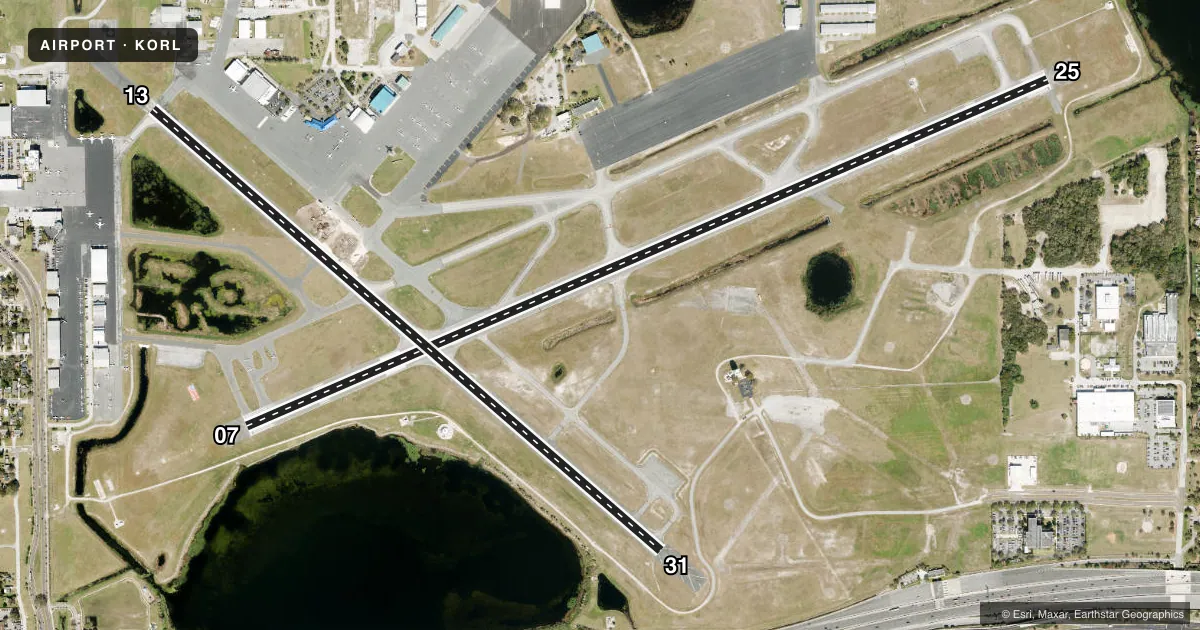 Top-down satellite sketch of KORL ORLANDO EXEC in ORLANDO, FLORIDA, showing runways 07/25, 13/31 drawn to scale over Esri World Imagery