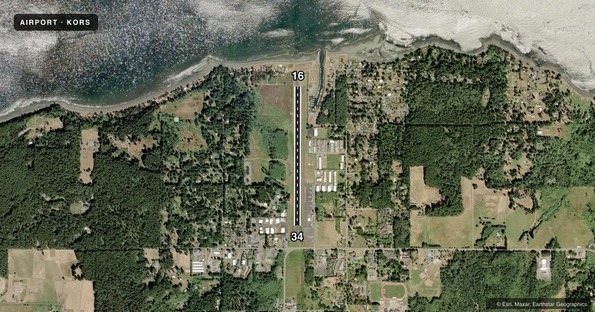 Top-down satellite sketch of KORS ORCAS ISLAND in EASTSOUND, WASHINGTON, showing runways 16/34 drawn to scale over Esri World Imagery