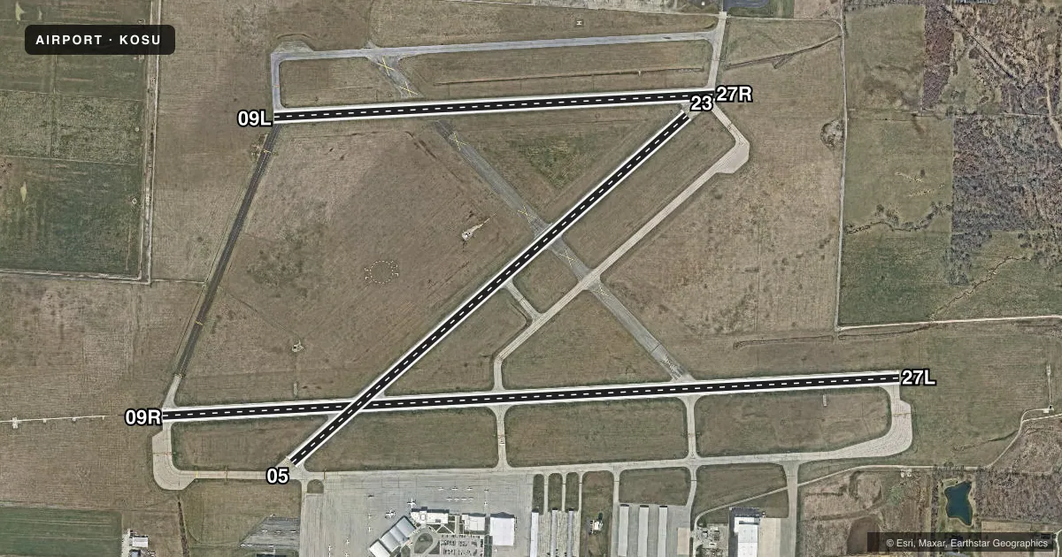 Top-down satellite sketch of KOSU OHIO STATE UNIVERSITY in COLUMBUS, OHIO, showing runways 09R/27L, 05/23, 09L/27R drawn to scale over Esri World Imagery