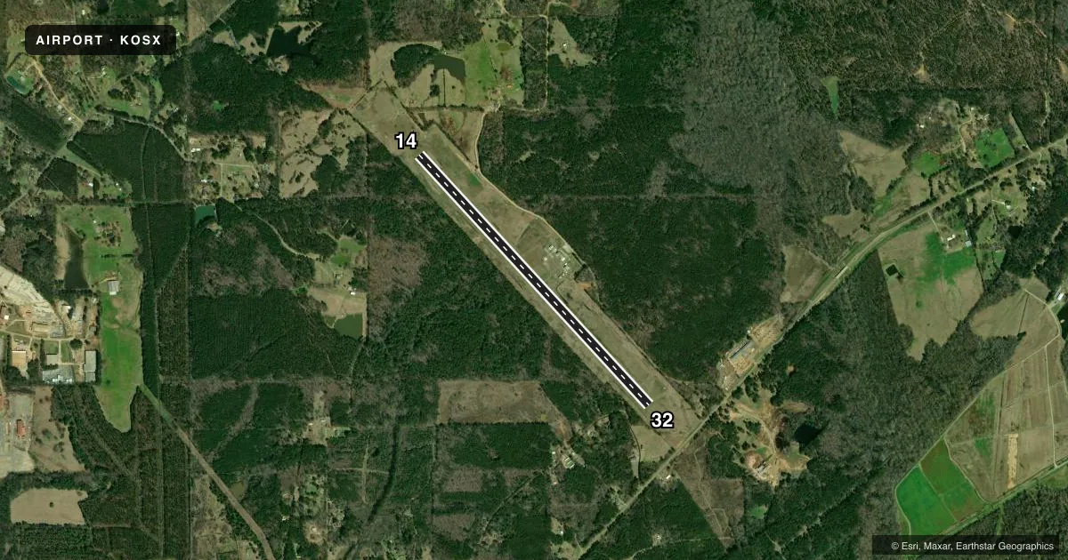 Top-down satellite sketch of KOSX KOSCIUSKO-ATTALA COUNTY in KOSCIUSKO, MISSISSIPPI, showing runways 14/32 drawn to scale over Esri World Imagery