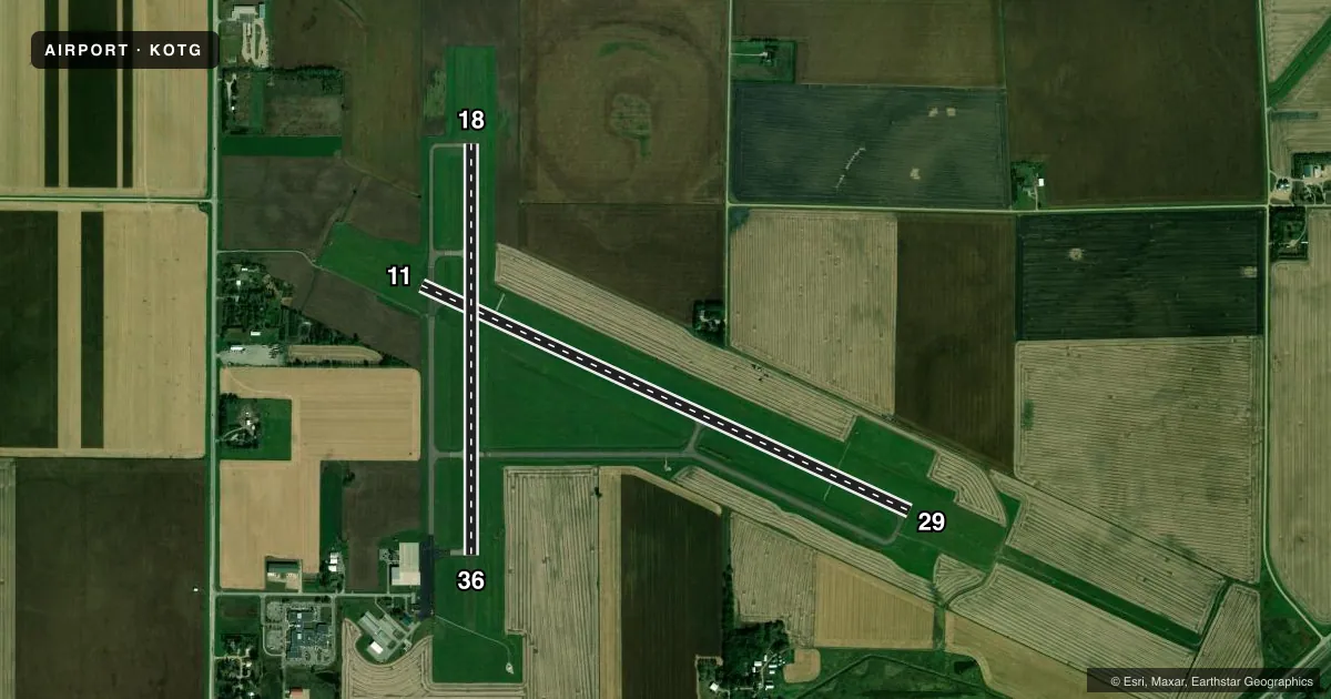 Top-down satellite sketch of KOTG WORTHINGTON MUNI in WORTHINGTON, MINNESOTA, showing runways 11/29, 18/36 drawn to scale over Esri World Imagery