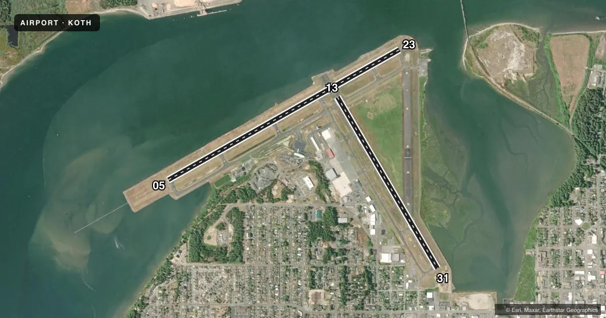 Top-down satellite sketch of KOTH SOUTHWEST OREGON RGNL in NORTH BEND, OREGON, showing runways 05/23, 13/31 drawn to scale over Esri World Imagery