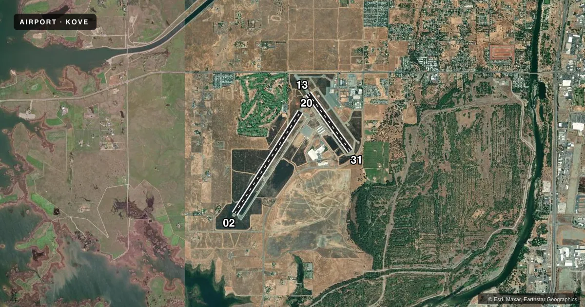 Top-down satellite sketch of KOVE OROVILLE MUNI in OROVILLE, CALIFORNIA, showing runways 02/20, 13/31 drawn to scale over Esri World Imagery