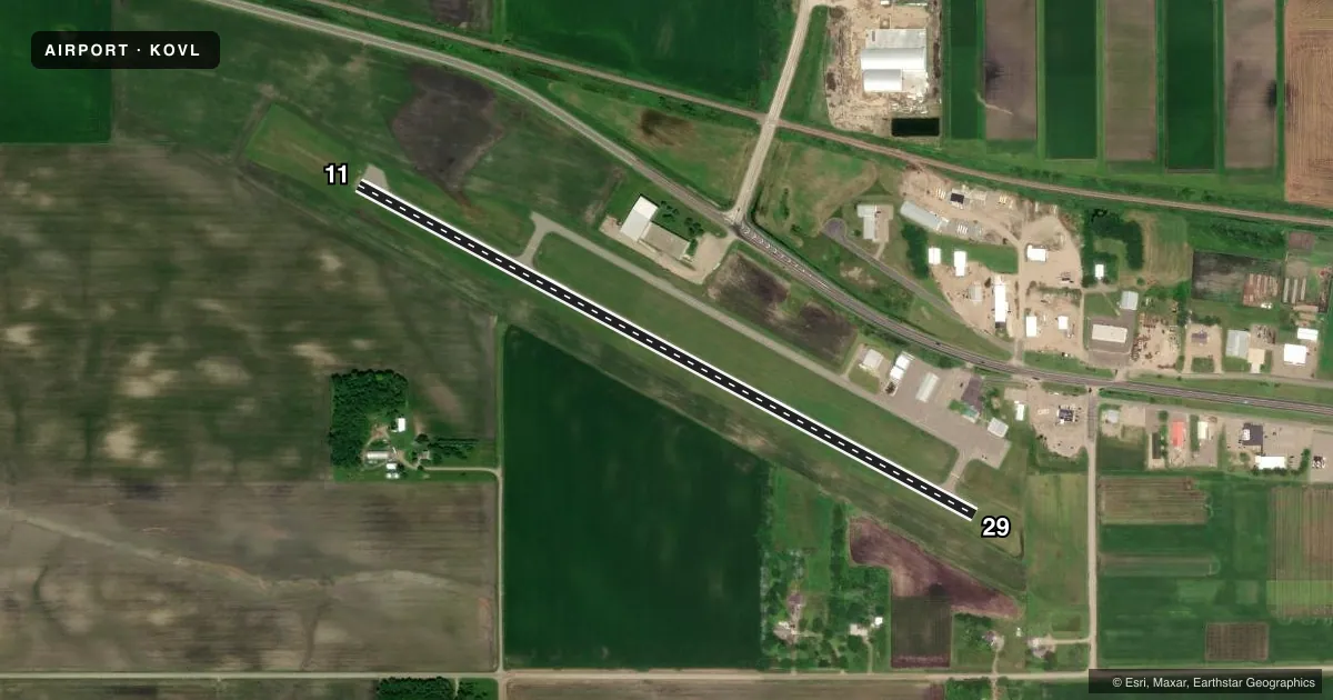 Top-down satellite sketch of KOVL OLIVIA RGNL in OLIVIA, MINNESOTA, showing runways 11/29 drawn to scale over Esri World Imagery
