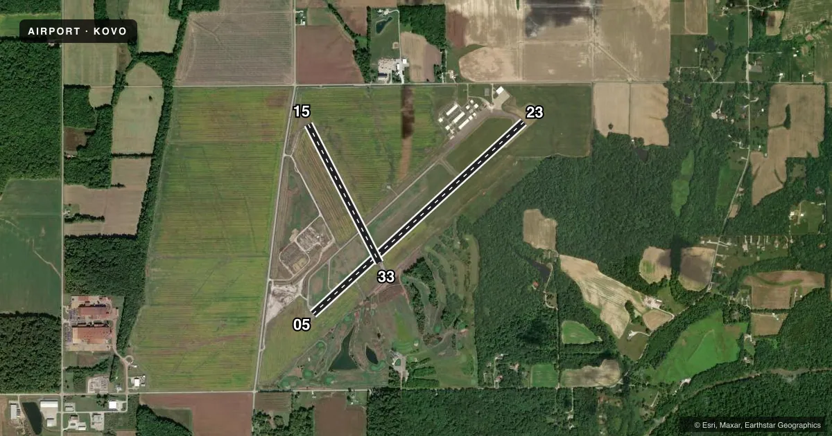 Top-down satellite sketch of KOVO NORTH VERNON in NORTH VERNON, INDIANA, showing runways 05/23, 15/33 drawn to scale over Esri World Imagery