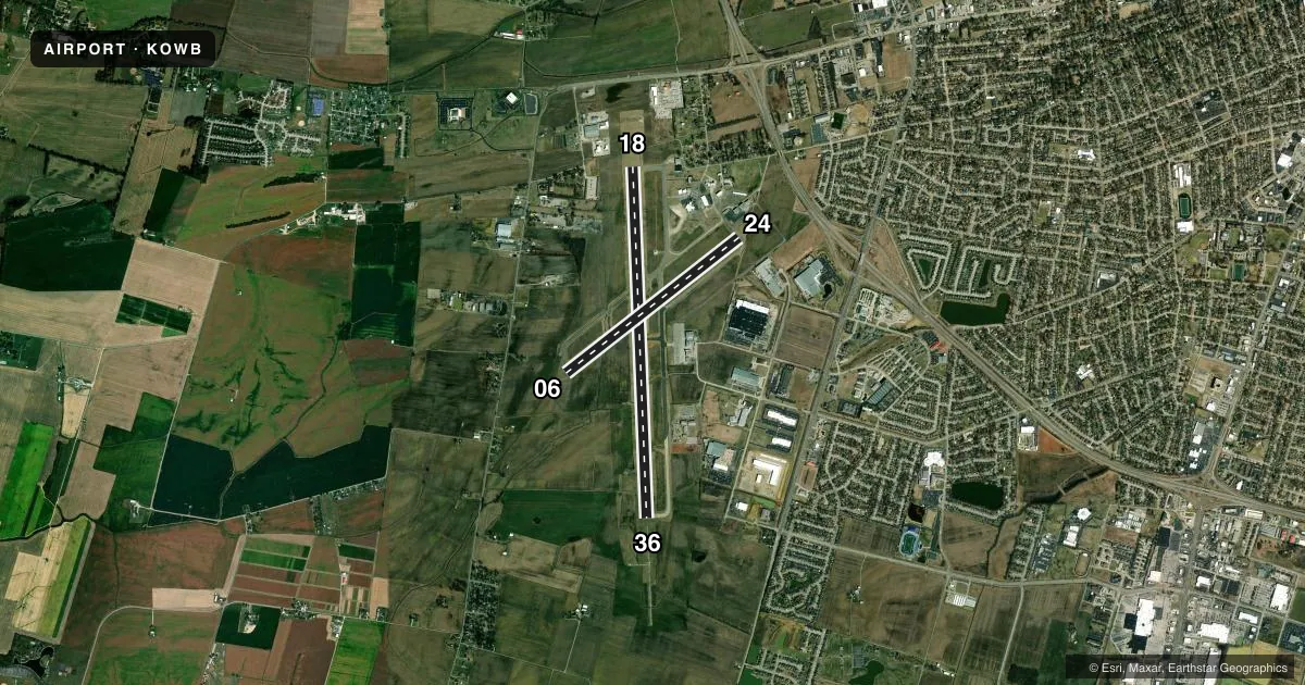 Top-down satellite sketch of KOWB OWENSBORO/DAVIESS COUNTY RGNL in OWENSBORO, KENTUCKY, showing runways 18/36, 06/24 drawn to scale over Esri World Imagery